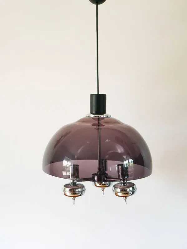 Illustration numéro 2 du produit Lustre trois branches en plexi fumé et chrome, Space Age, 1970