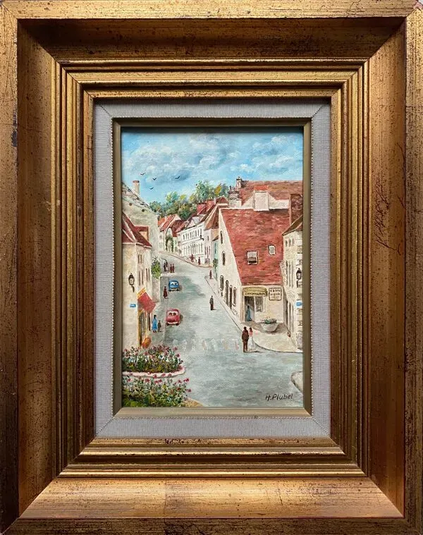 Illustration numéro 2 du produit Tableau HST Henri Plubel XX° ''Grande rue de Mirebeau sur Bèze'' + cadre