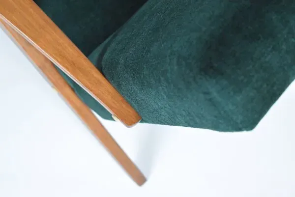 Illustration numéro 2 du produit Fauteuil compas restauré, tissu vert forêt, bois de teck, 1960