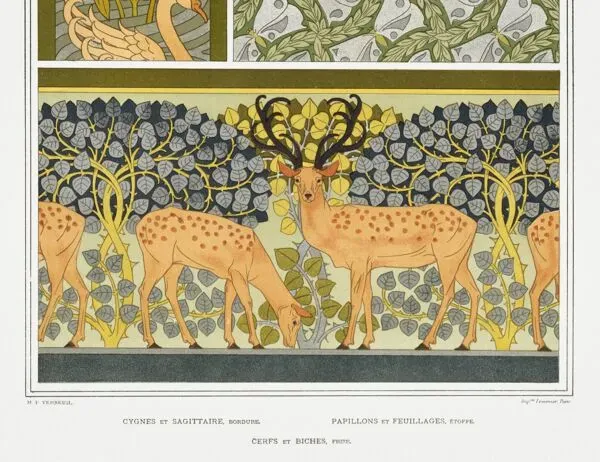 Illustration numéro 2 du produit Affiche “Cygnes et Cerfs”, d’après une lithographie art nouveau de 1897