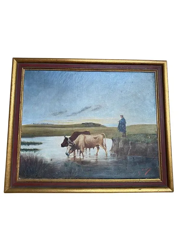 Illustration numéro 2 du produit Tableau Scène pastorale à la rivière – École française, fin XIXe siècle