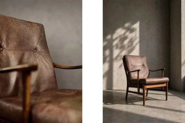 Illustration numéro 2 du produit Fauteuil vintage en hêtre et cuir marron du milieu du siècle de Farstrup Møbler