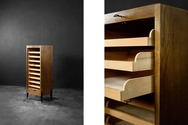 Illustration numéro 2 du produit Vintage Industrial Danish Roller Shutter Brown Oak Cabinet with Drawers