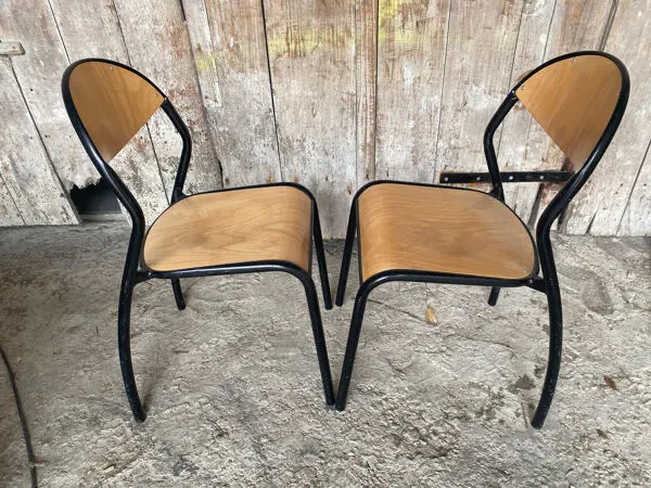 Illustration numéro 2 du produit Paire chaise ancienne écolier style mullca métal noir + bois vintage #