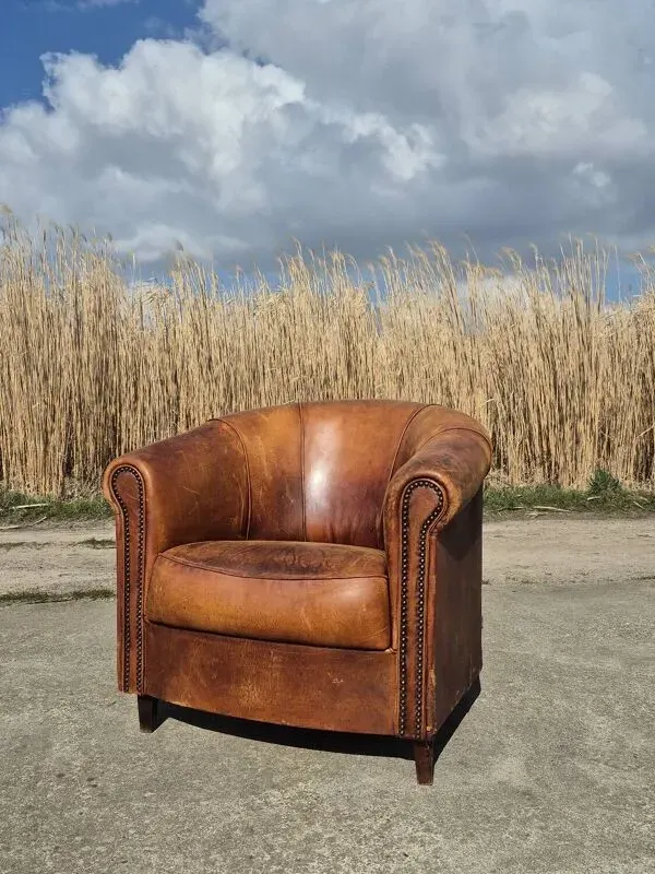 Illustration numéro 2 du produit Fauteuil club vintage en peau de mouton cognac Joris