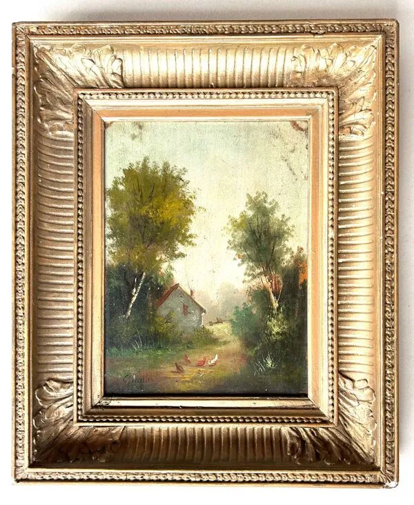 Illustration numéro 2 du produit La Basse-cour, Huile sur panneau signée Girard XIXe