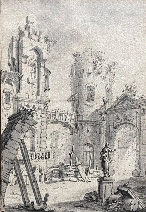 Illustration numéro 2 du produit Ecole française du XVIIIe siècle, Cour d'un palais en ruine, dessin à la plume