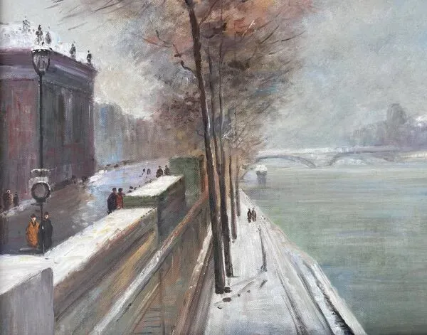 Illustration numéro 2 du produit Tableau hst ''quai de seine, paris en hiver'' école h. a. schaeffer - g.m. + cadre
