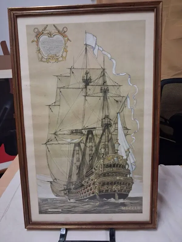 Illustration numéro 2 du produit Dessin vaisseau du XVIIIe, impression réhaussée de gouache , Durand-Chapron