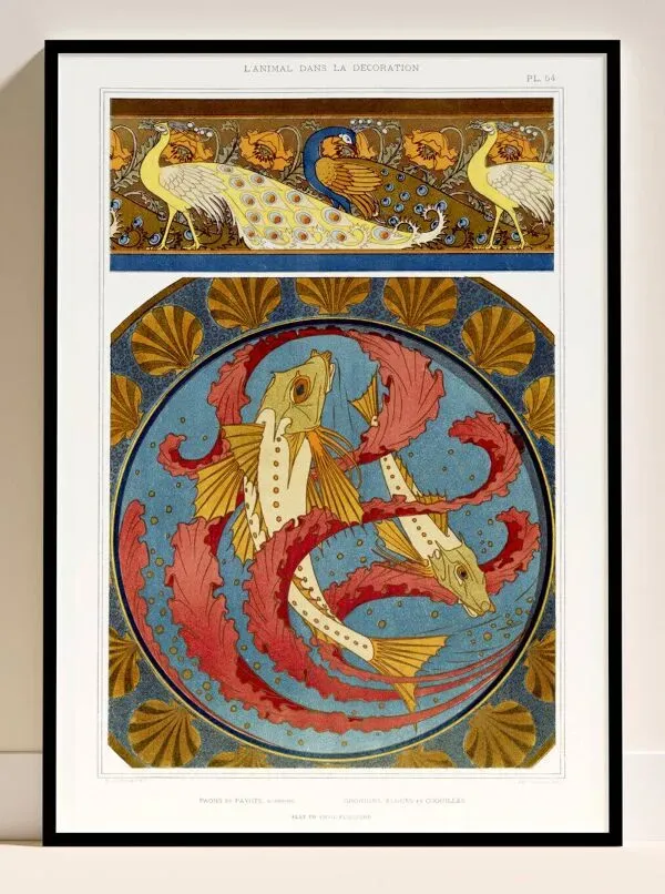 Illustration numéro 2 du produit Affiche “Paons et poissons”, d’après une lithographie art nouveau de 1897