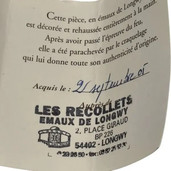 Illustration numéro 2 du produit Boîte couverte en émail floral Longwy Prunelle FAI 10 Les Récollets Art de 2005