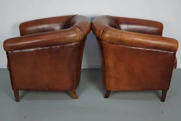 Illustration numéro 2 du produit Fauteuils de club en cuir couleur cognac néerlandais vintage, ensemble de 2