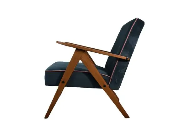 Illustration numéro 2 du produit Chaise compas restaurée, tissu jaune canari, fil rose, teck, 1960