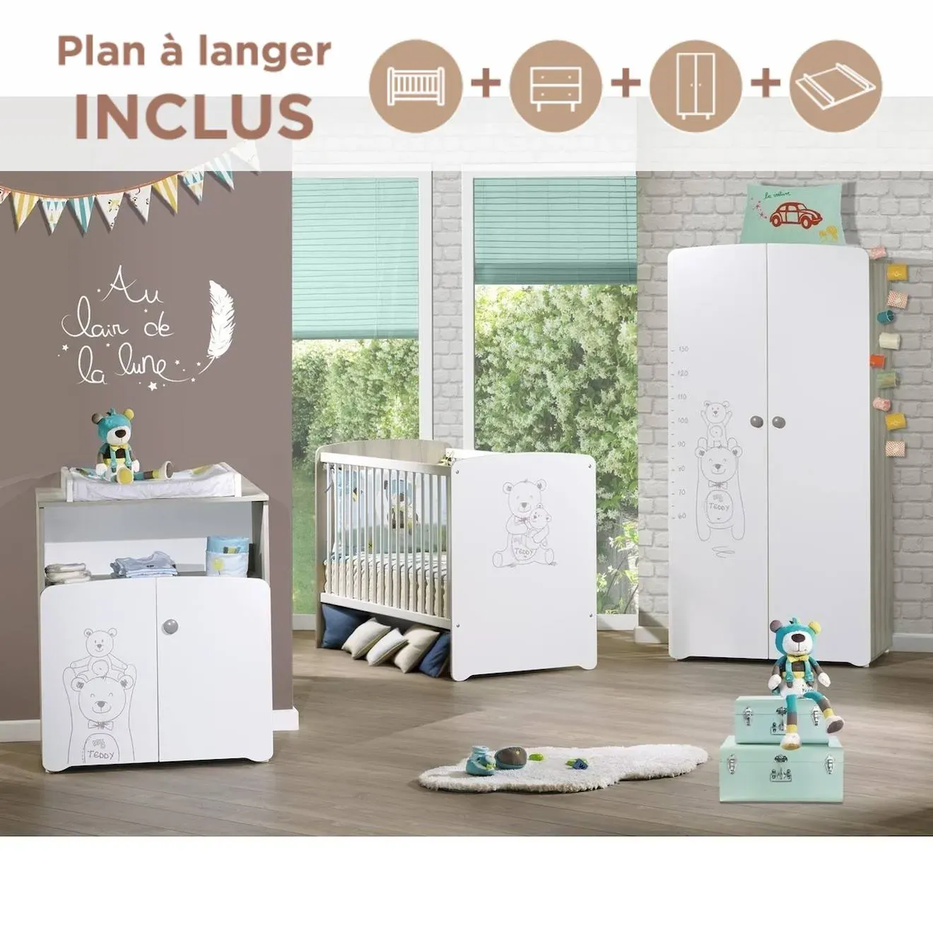 Illustration numéro 2 du produit Chambre Trio Lit Et Commode Et Armoire En Bois - Teddy Blanc