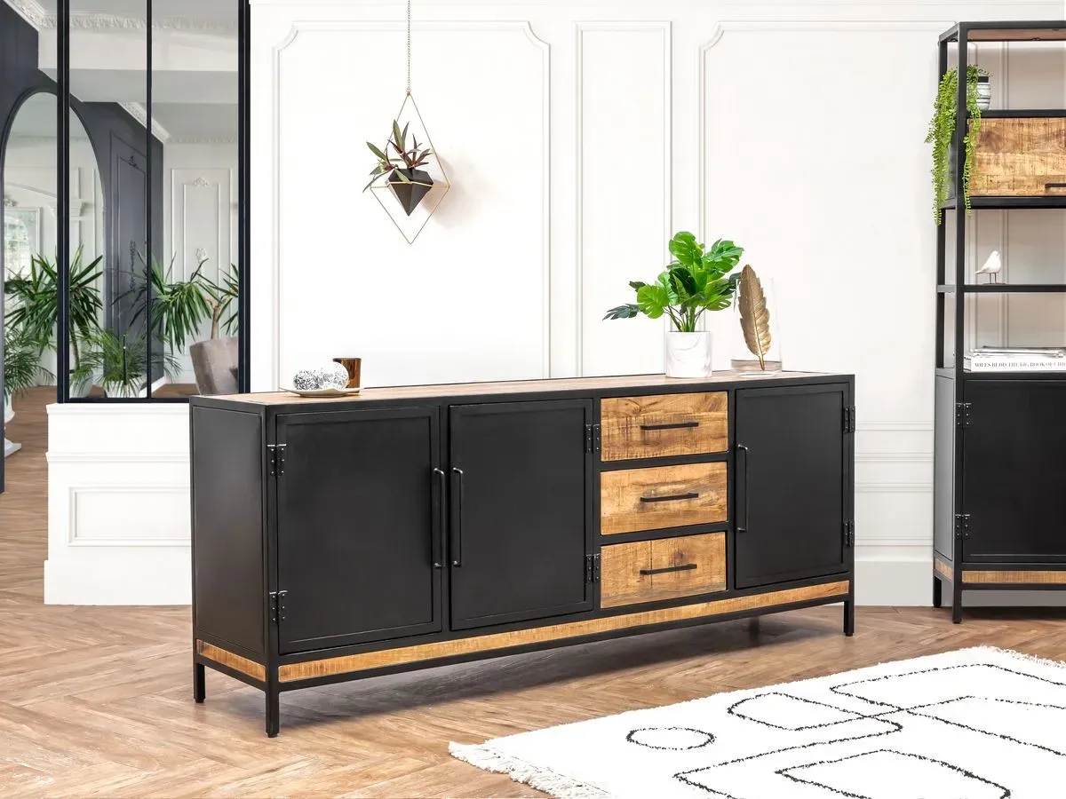 Illustration numéro 3 du produit Buffet 3 portes 200 cm BEAUBOURG bois massif de manguier    BOBOCHIC