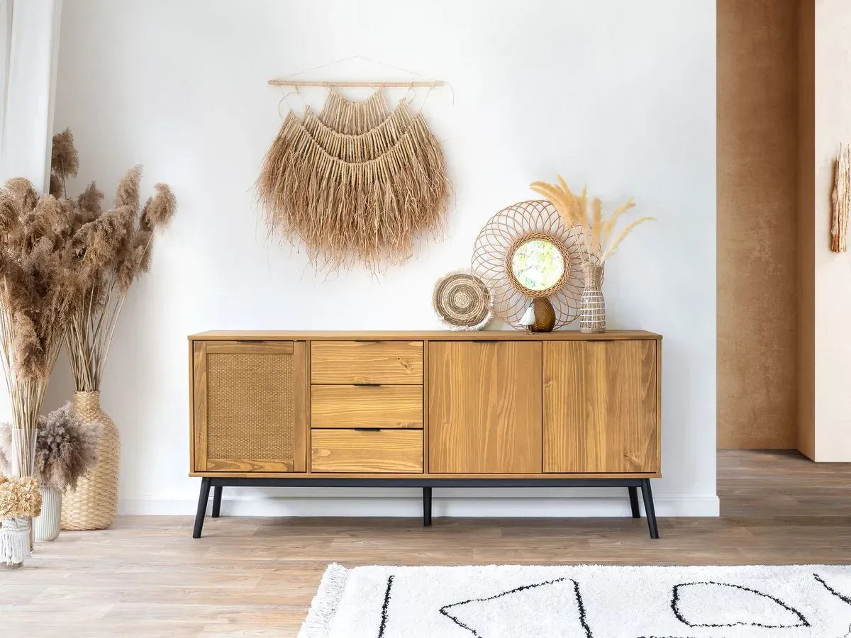 Illustration numéro 3 du produit Buffet 3 portes 186 cm ALBI bois massif et rotin    BOBOCHIC