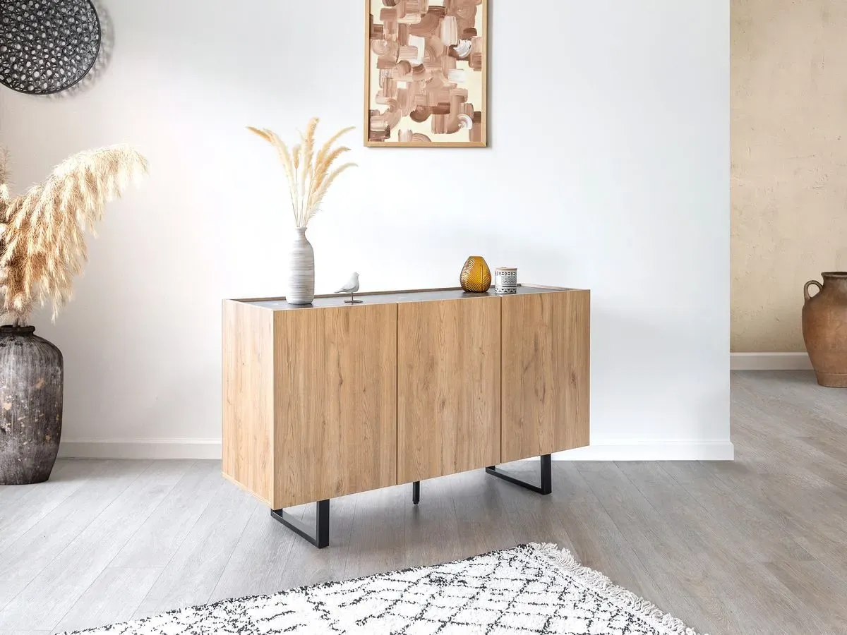 Illustration numéro 3 du produit Buffet 3 portes 140 cm OPERA effet chêne et imitation marbre noir    BOBOCHIC