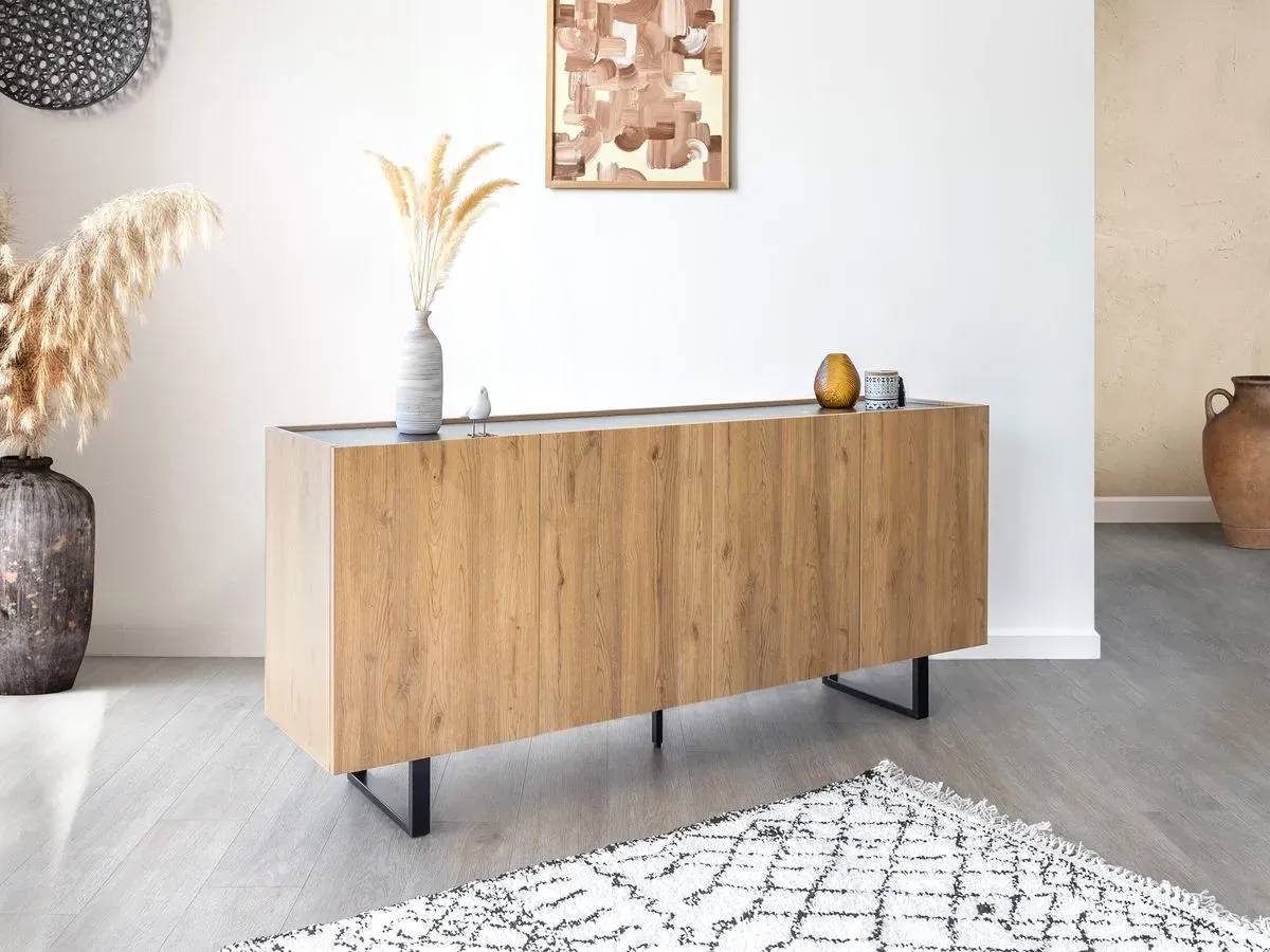 Illustration numéro 3 du produit Buffet 4 portes 180 cm OPERA effet chêne et imitation marbre noir    BOBOCHIC