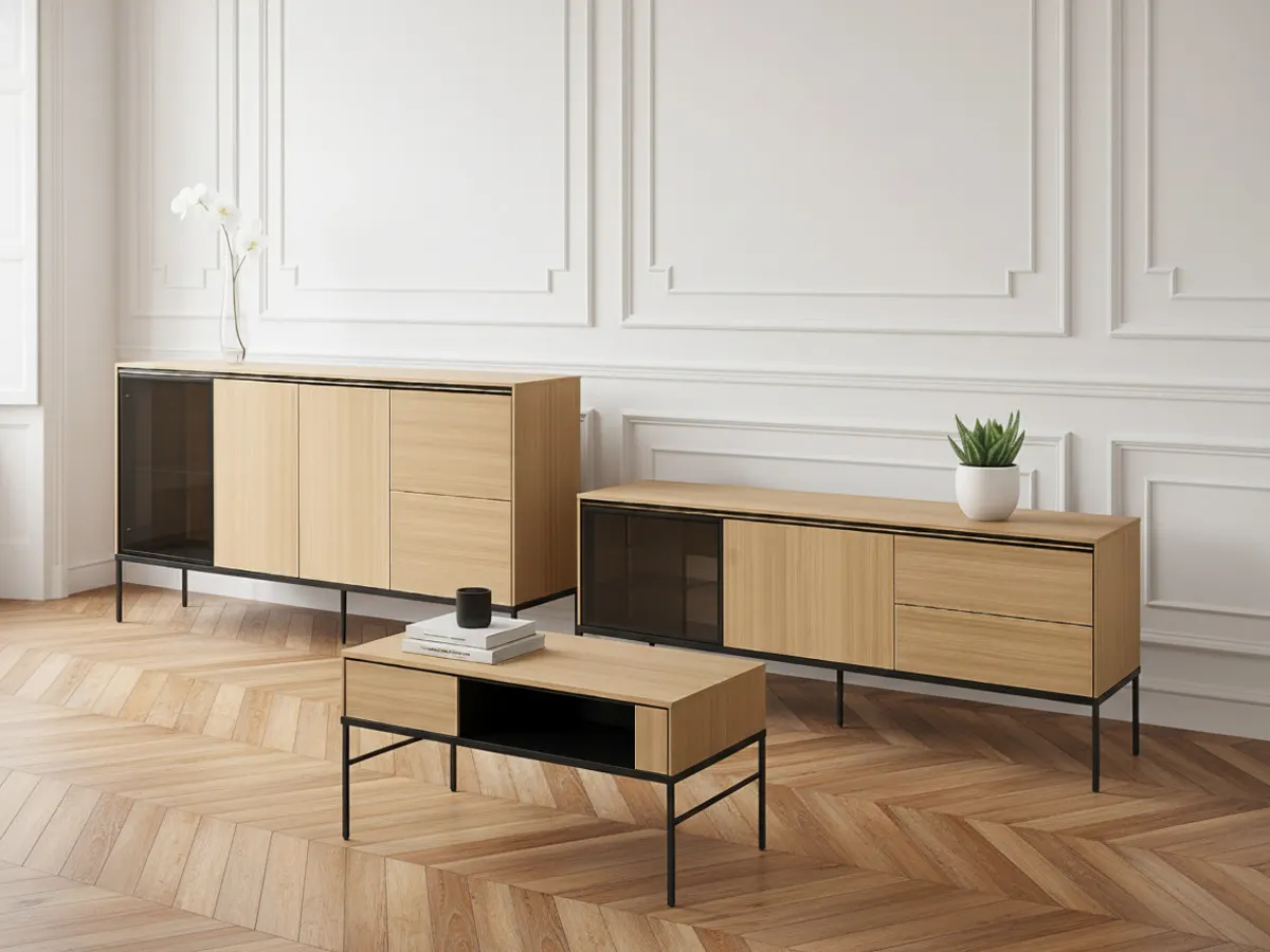 Illustration numéro 3 du produit Ensemble VERONA avec buffet 167 cm + meuble TV 167 cm + table basse effet chêne et verre fumé avec LEDS    BOBOCHIC