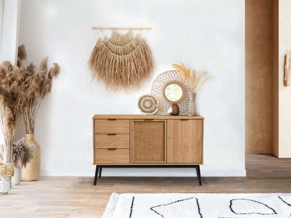 Illustration numéro 3 du produit Buffet 130 cm ALBI bois massif et rotin    BOBOCHIC