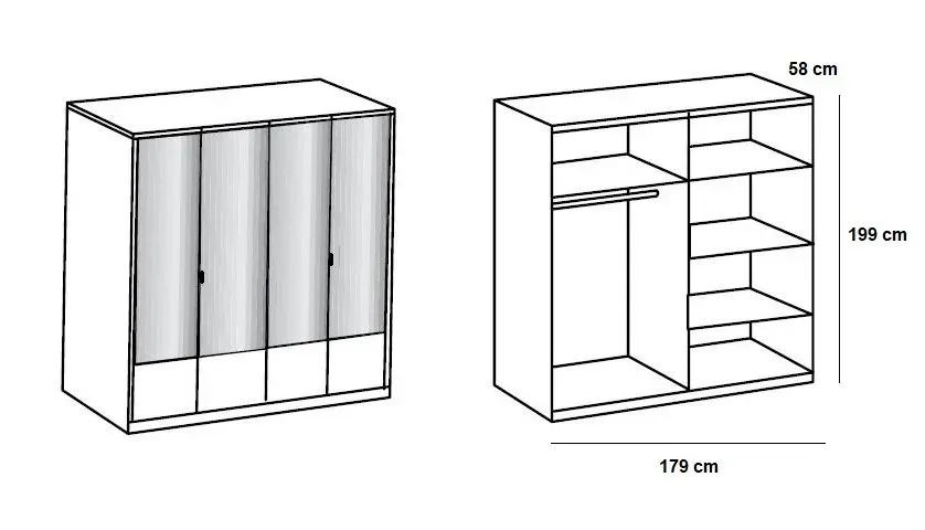 Illustration numéro 3 du produit Armoire penderie DINGLE 4 portes miroirs largeur 179 blanche