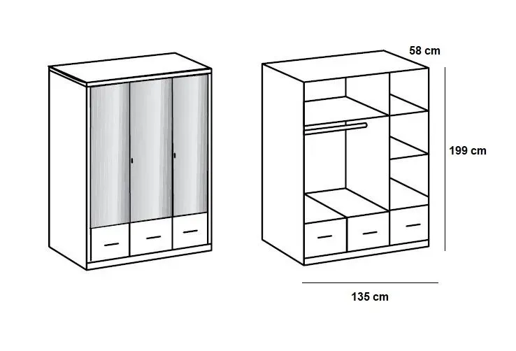 Illustration numéro 3 du produit Armoire penderie DINGLE 3 portes miroirs 3 tiroirs largeur 135 blanche