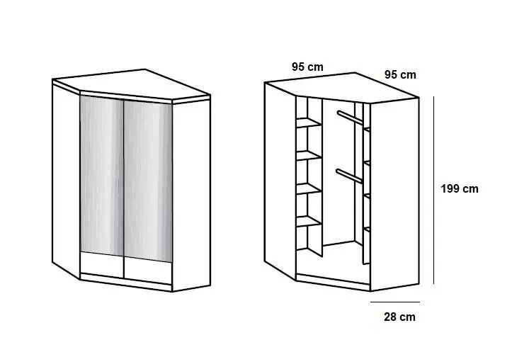 Illustration numéro 3 du produit Armoire dressing d'angle DINGLE 2 portes miroirs 95*95 blanche