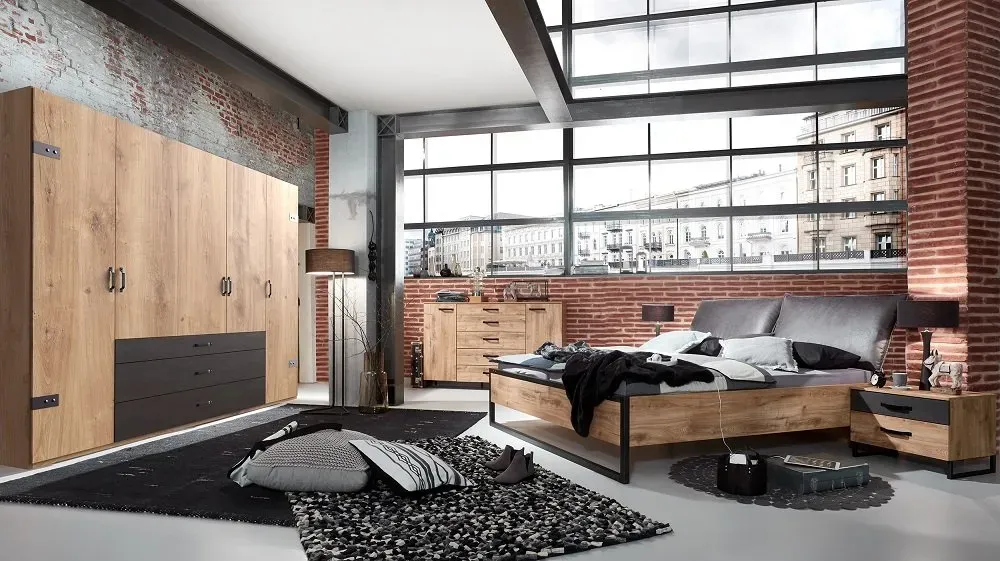 Illustration numéro 3 du produit Armoire PORTLAND style industriel 250 cm 5 portes chêne poutre / graphite