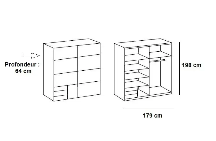 Illustration numéro 3 du produit Armoire de rangement EDONA 179 cm portes coulissantes 3 tiroirs chêne poutre / graphite