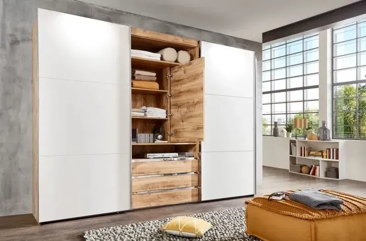 Illustration numéro 3 du produit Armoire de rangement coulissante MARITA chêne verre blanc miroir pivotant L 300 H 236 cm