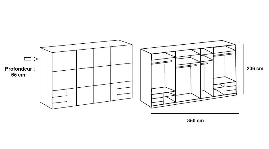 Illustration numéro 3 du produit Armoire coulissante LISBETH 4 portes 6 tiroirs décor blanc 350 x 236 cm hauteur