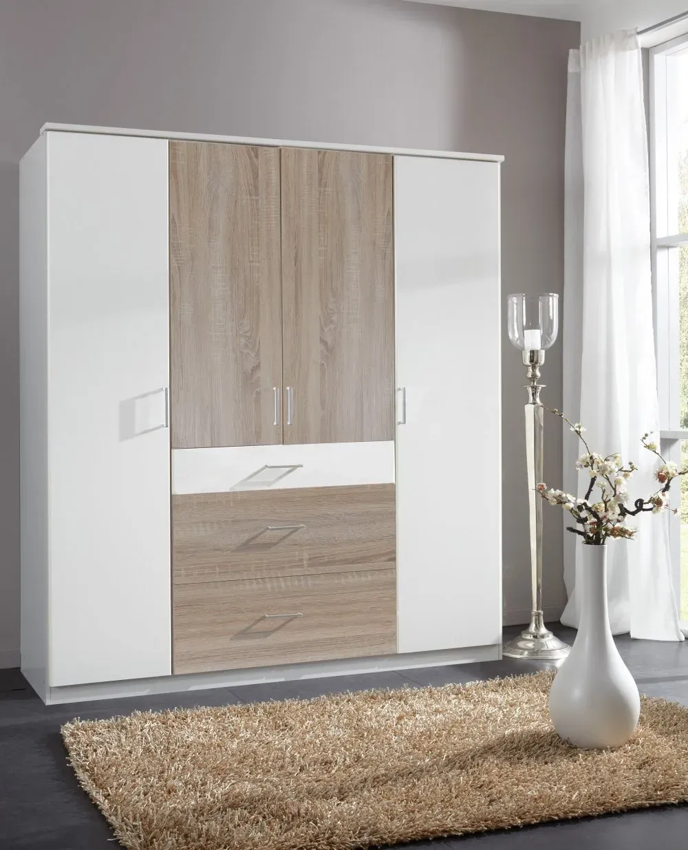 Illustration numéro 3 du produit Armoire LAVAL décor blanc et chêne 4 portes 3 tiroirs 2 tringles