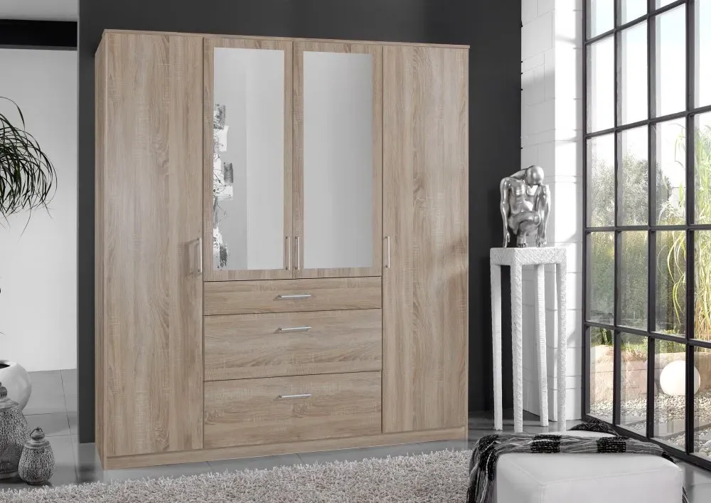 Illustration numéro 3 du produit Armoire LAVAL décor chêne 2 portes miroirs 2 portes 3 tiroirs