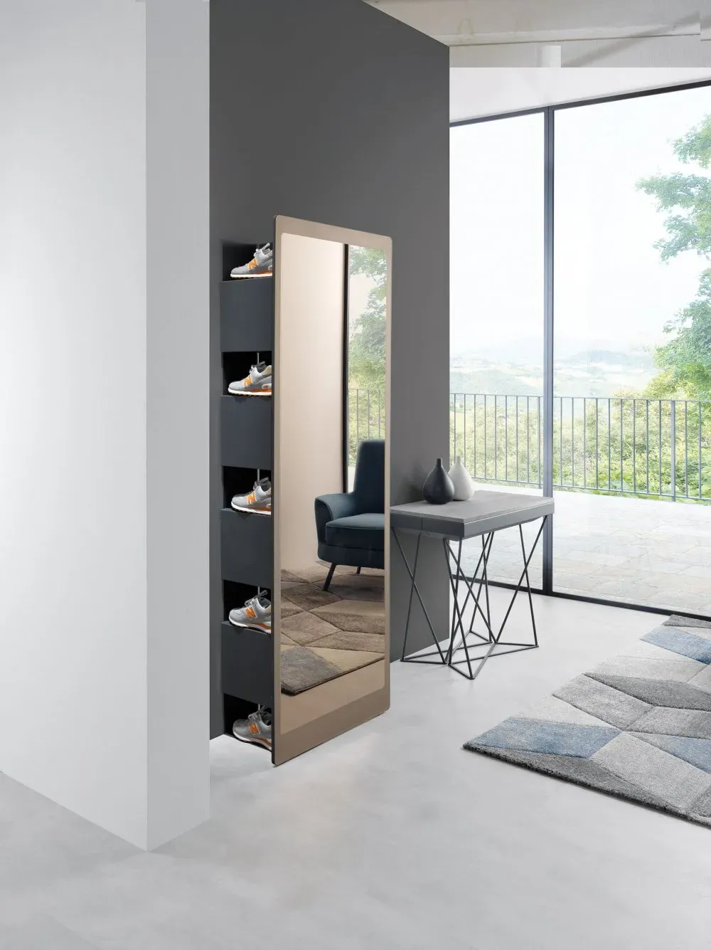 Illustration numéro 3 du produit Bibliothèque RETTANGOLO acier couleur gris ardoise + miroir SLIDE couleur bronze noir carbone