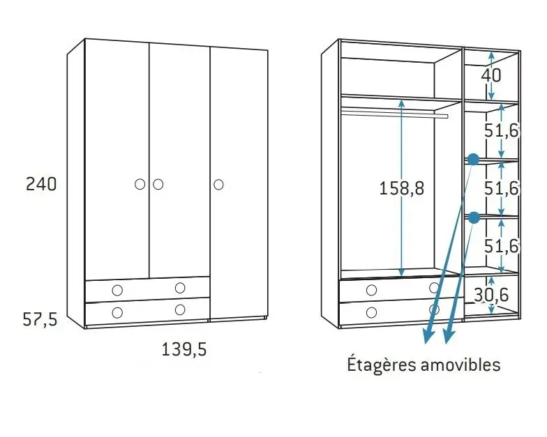 Illustration numéro 3 du produit Armoire 3 portes 2 tiroirs gauche 139,5 x 57,5 x 240 cm finition chêne blanchis