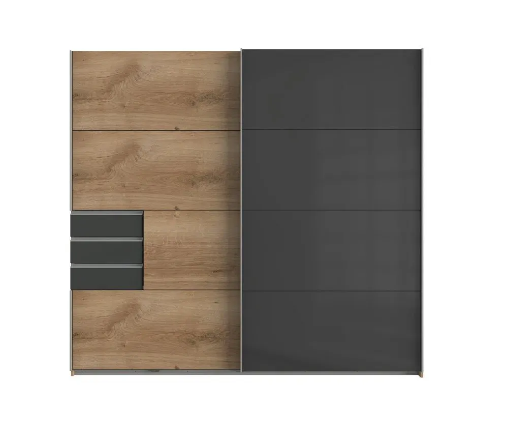 Illustration numéro 3 du produit Armoire coulissante AMORA 225cm chêne poutre 3 tiroirs graphite porte sobre verre gris