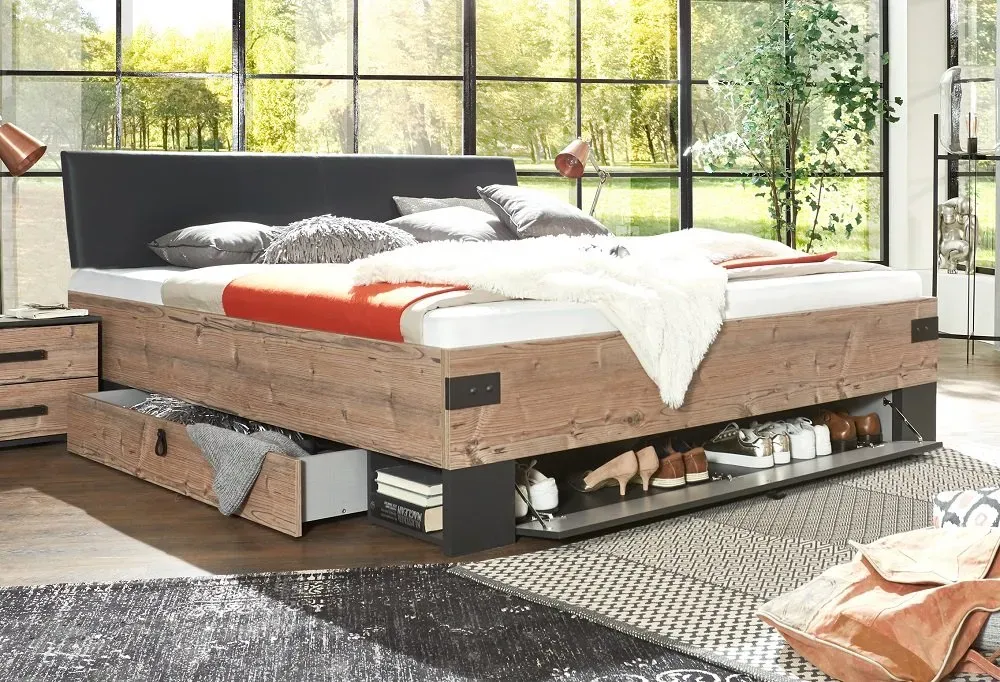 Illustration numéro 3 du produit Lit 160 x 200 cm STOKE tête de lit rembourré  tiroirs compartiment abattants sapin argenté graphite