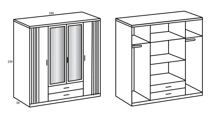 Illustration numéro 3 du produit Armoire BELOU 5 portes 2 miroirs 2 tiroirs décor graphite rechampis aspect clayettes chêne artisan
