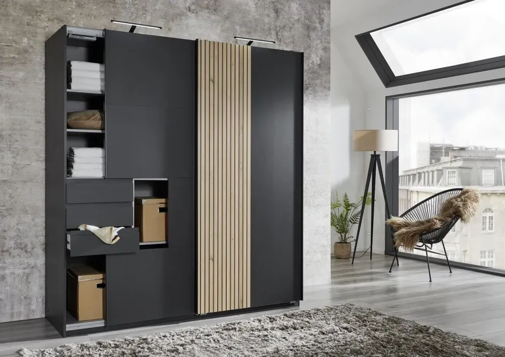 Illustration numéro 3 du produit Armoire CYBORG 2 portes coulissantes 3 tiroirs décor graphite rechampis aspect clayettes chêne artisan