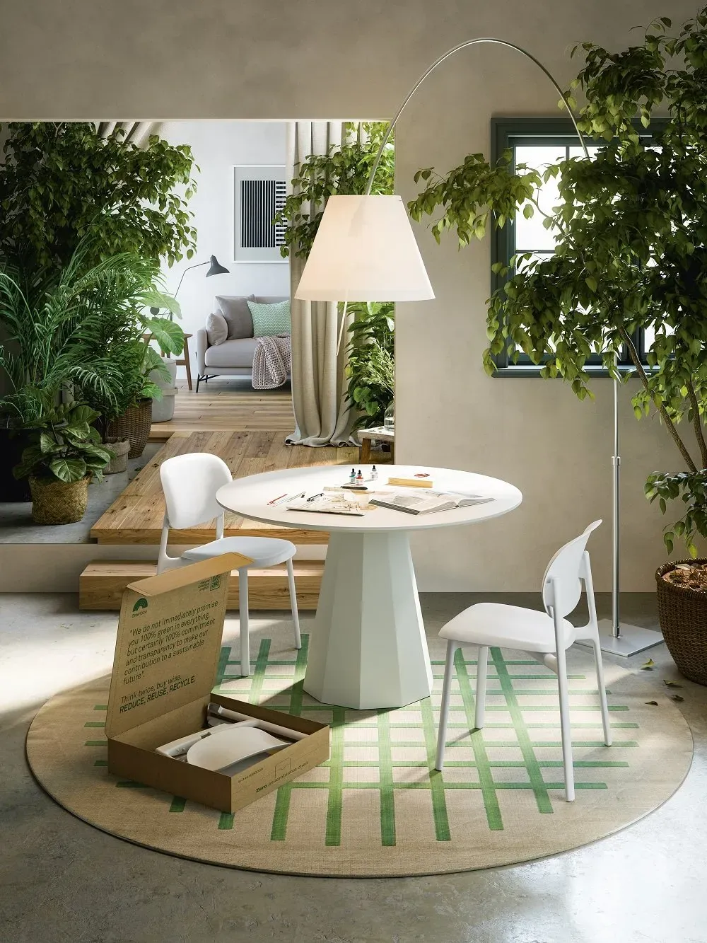 Illustration numéro 3 du produit Tapis de sol rond CEK fibre synthétique fond beige motif vert