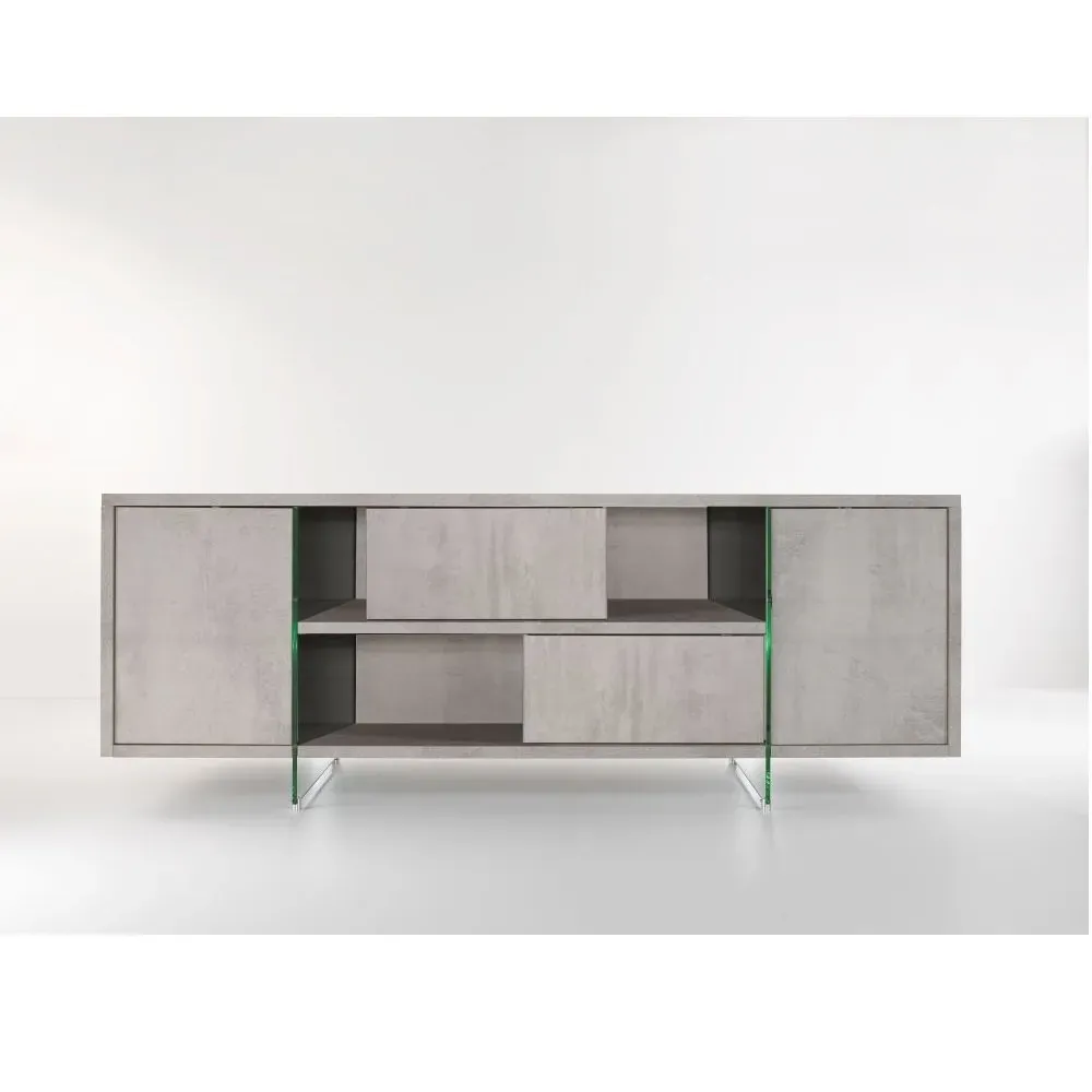 Illustration numéro 3 du produit Buffet/Meuble TV design MADY 180cm gris béton  portes coulissantes et piètement en verre