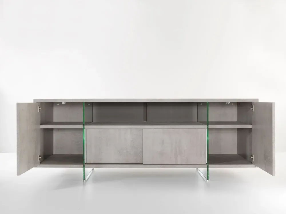 Illustration numéro 3 du produit Meuble TV design MARCO POLO 180cm gris béton  portes coulissantes et piètement en verre