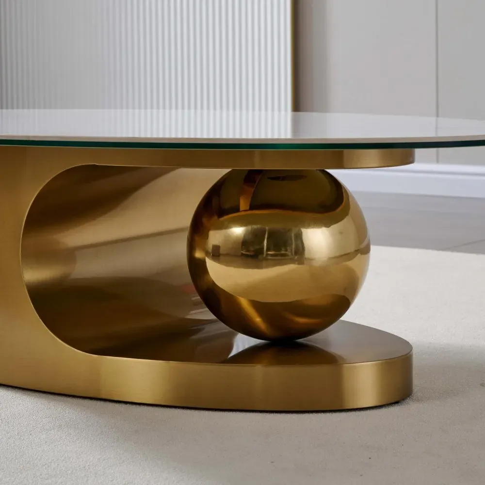 Illustration numéro 3 du produit Table basse design SPHERE GOLD 130 base métal doré plateau marbre blanc