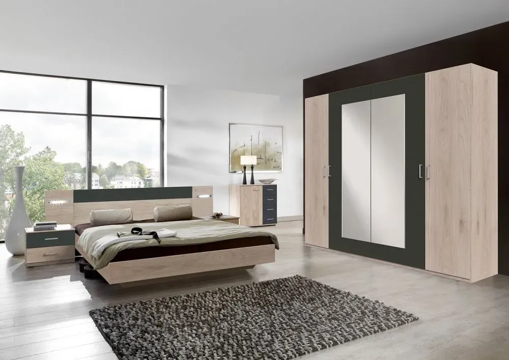 Illustration numéro 3 du produit Armoire 4 portes 2 miroirs ANGIE 225 cm chêne hickory et graphite