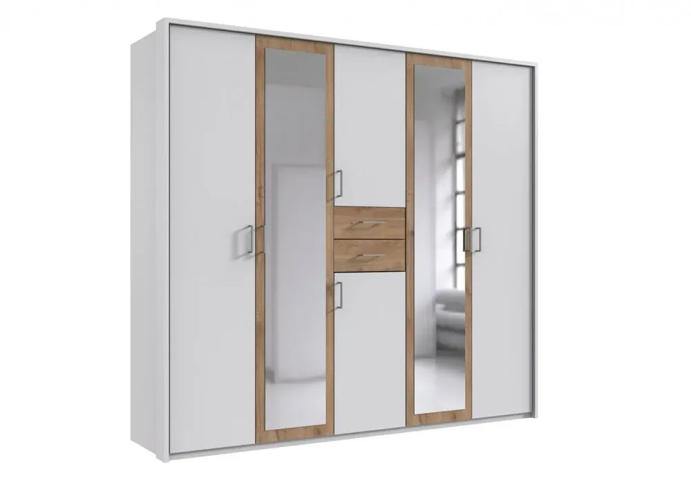 Illustration numéro 3 du produit Armoire 4 portes blancs 2 portes miroirs DIVER 225 cm 2 tiroirs chênes poutres