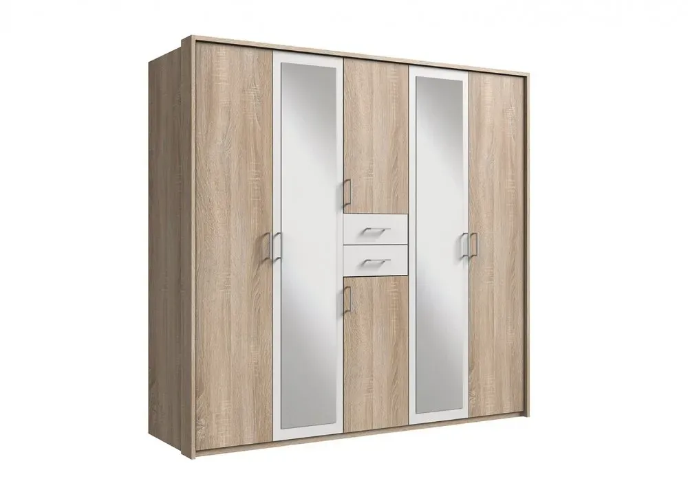Illustration numéro 3 du produit Armoire 4 portes chênes 2 portes miroirs DIVER 225 cm 2 tiroirs blancs