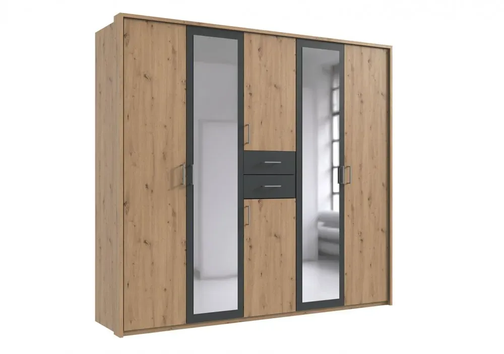 Illustration numéro 3 du produit Armoire 4 portes chênes artisans 2 portes miroirs DIVER 225 cm 2 tiroirs graphites