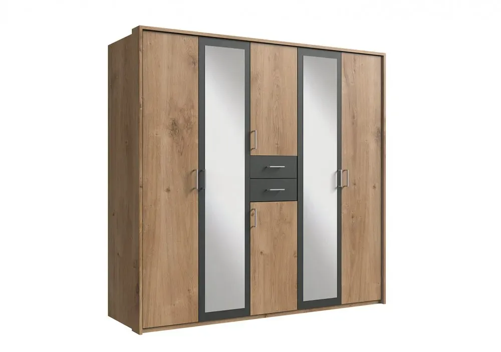Illustration numéro 3 du produit Armoire 4 portes chênes poutres 2 portes miroirs DIVER 225 cm 2 tiroirs graphites