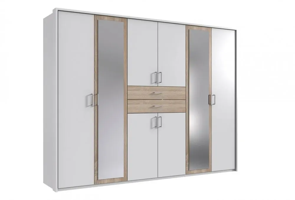Illustration numéro 3 du produit Armoire 6 portes blancs 2 portes miroirs DIVER 270 cm 2 tiroirs chênes