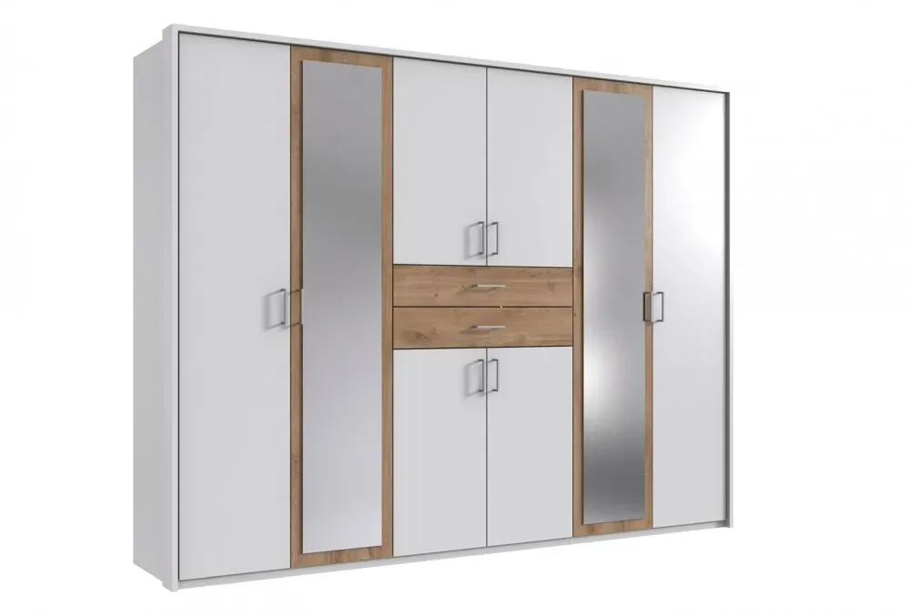 Illustration numéro 3 du produit Armoire 6 portes blancs 2 portes miroirs DIVER 270 cm 2 tiroirs chênes poutres